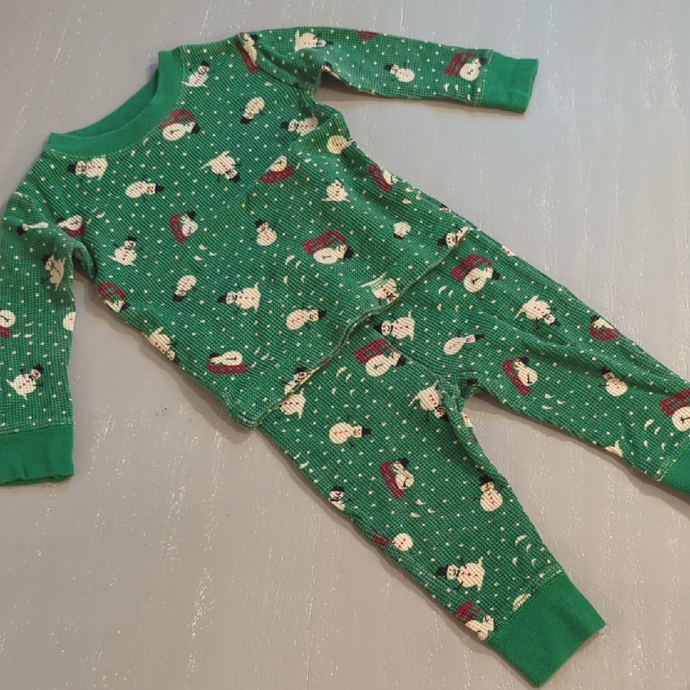 Vintage‎ Old Navy Pajama Set Waffle Knit Gree n Snowmen 6-12M